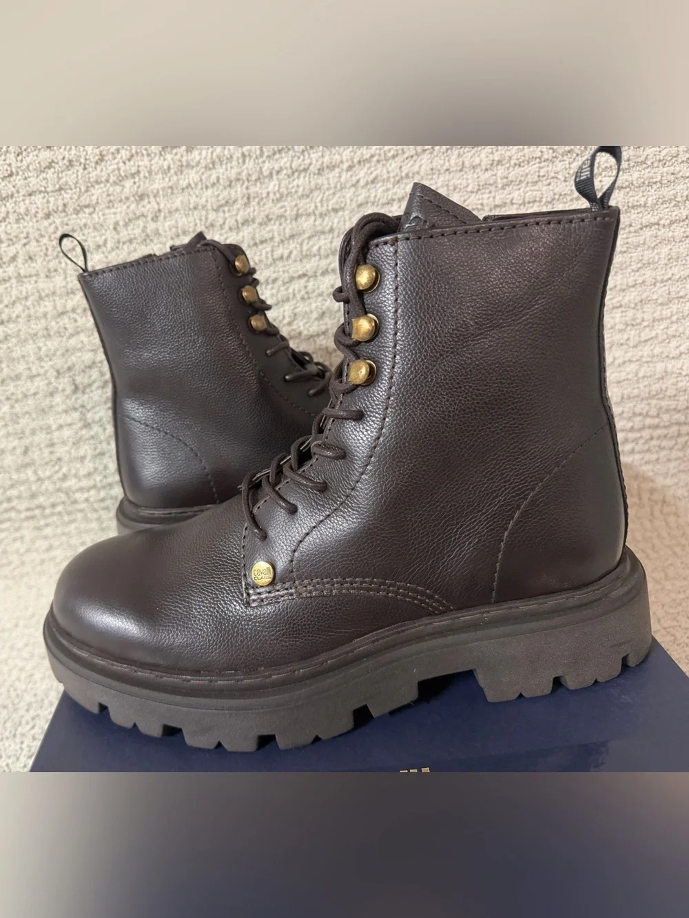 Cavalli Class Chocolate Brown Leather Combat Boots with Brass Accents